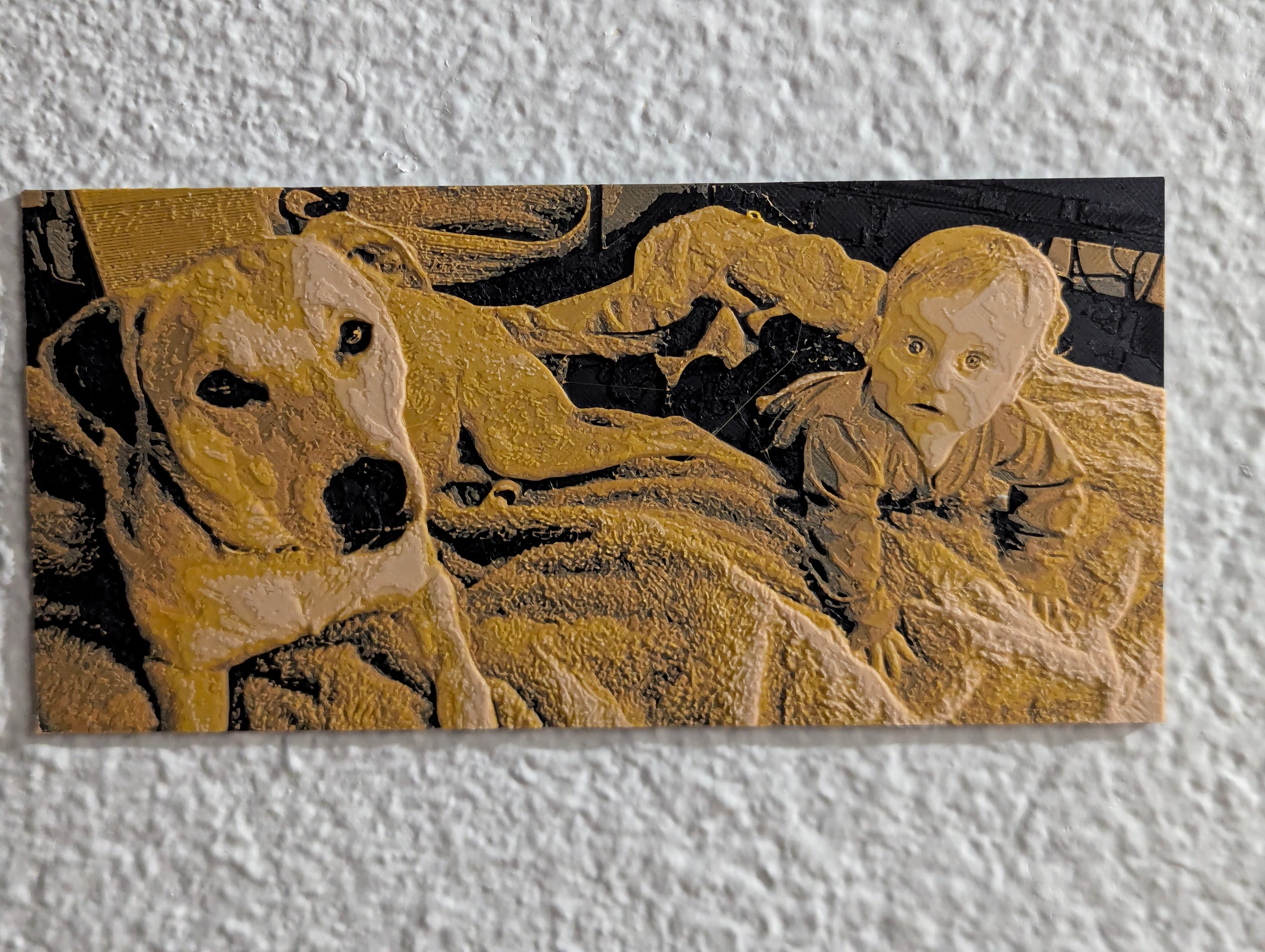Filament painting of a baby and golden retriever on a bed